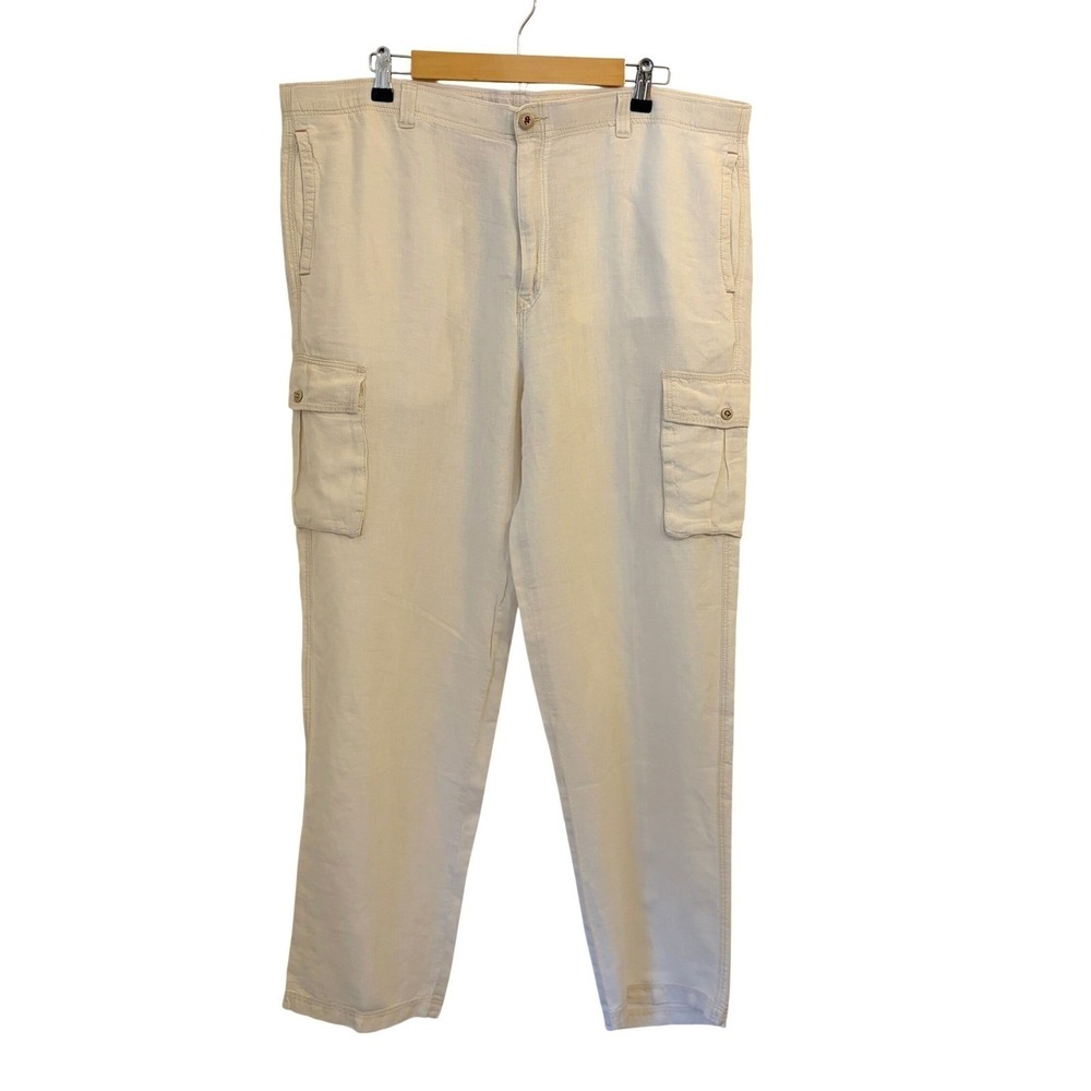 Tommy Bahama Linen Cargo Pants Men L 38 Cream Drawstring Relaxed Straight Safari